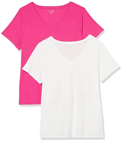 Amazon Essentials dam klassisk passform kortärmad v ringad t shirt, paket med 2, vit/mörkrosa, 4X 196433128173