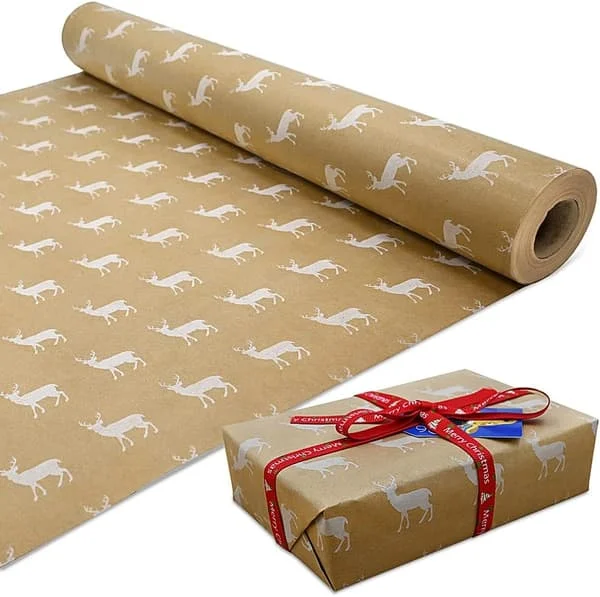 1 Rulle Julpapperspaket, 43cm x 15M Stor Rulle Presentpapper Återvinningsbart Kraftpapper Tryckt med Älg för Presentinslagning Fy13-TT3718