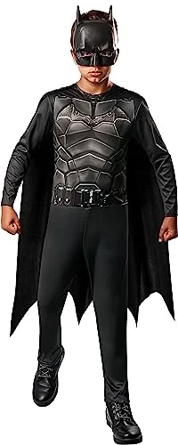 RUBIE'S DC Officiell The Batman fIlm barnförklädnad storlek 5 till 7 år, svart dräkt med långärmad jumpsuit, cape kardborreband och mask 195884013724