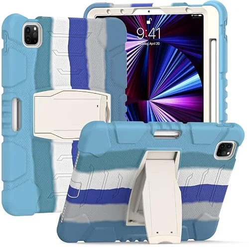 Samsung Tab grundare på 10,1 T590 T595 med stöd, hållbar, hybrid, chockerande, resistent, tre lager, silikonskydd för barnsurfplatta (ljusblå) 755985008977