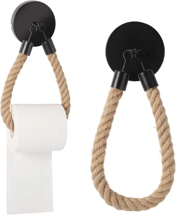 1 pc Wall Mounted Toilet Paper Holder Rope, Toilet Roll Holder, Vintage Wooden Wall Mounted Toilet Paper Holder (Black) mjx-ggg08085