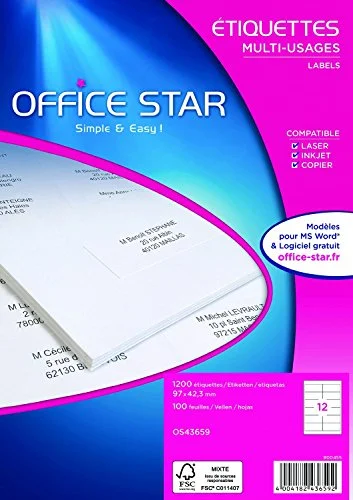 OFFICE STAR Låda med 1200 vita multifunktionsetiketter, storlek 97 x 42,3 mm, anpassningsbara och utskrivbara alla typer av laserskrivare, bläckstråleskrivare, kopiator 4004182436592