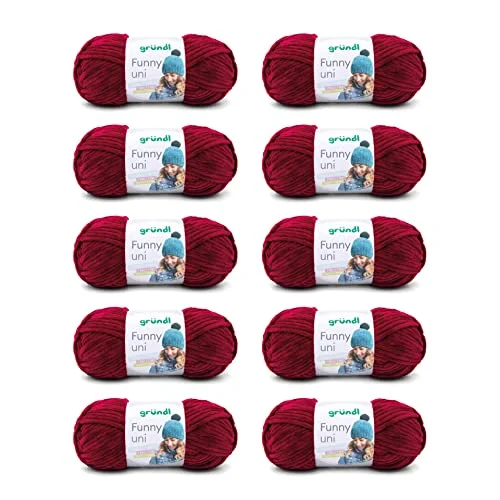 Gründl ull Funny uni mjuk chenille för virkning mysig och hudvänlig 100% polyester 10 nystan 100 g/120 m nåltjocklek 56, bordeauxröd 4036014218854