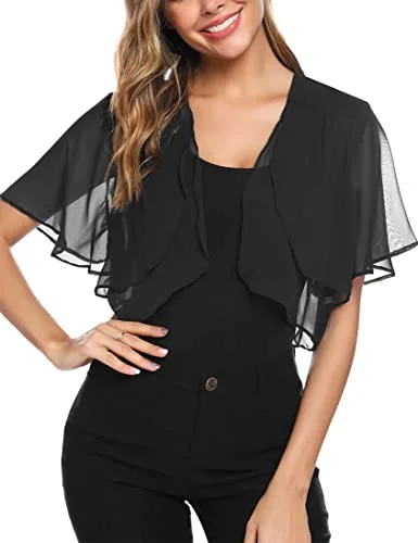Aottori Dam chiffong bolero festlig 3/4 ärm elegant Shrug topp kort kofta öppen front casual bolerojacka axeljacka, svart, L 720168858229