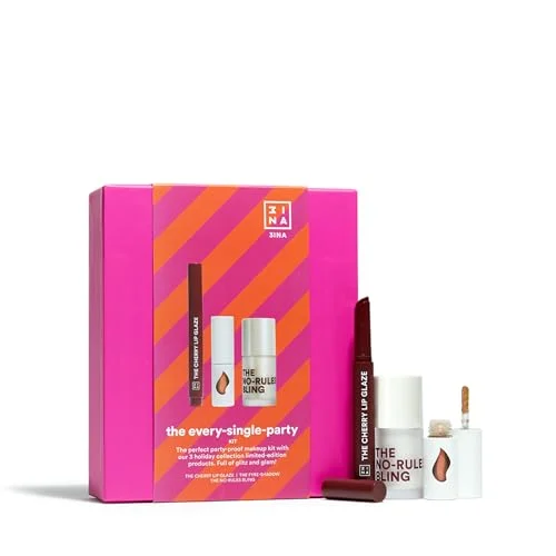 3INA Makeup The Every Single Party kit Cherry Lip Glaze + Fyre Shadow No Rules Bling Highlighter, Läppstift Ögonskugga Illuminator Vegan Cruelty Free 8435446424202