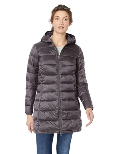 Amazon Essentials lättvikt långärmad hel dragkedja vattentålig packbar pufferjacka med huva, Träkol ljung, XS 191770675922