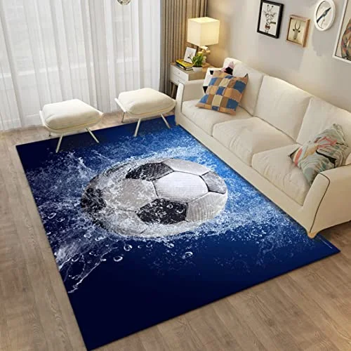 3D fotboll golvmatta område matta vardagsrum heminredning flanell vatten eld flamma stor kök sovrum flicka pojke gåvor lekmatta barn lek halkfri (blå, 80 x 160 cm) 681237763939