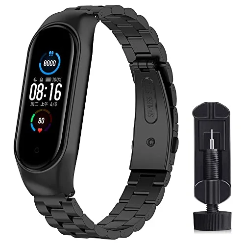 ACTECH Armband för Xiaomi Mi Band 5 armband, 6 ersättningsarmband i rostfritt stål (svart), modernt 6951086258448
