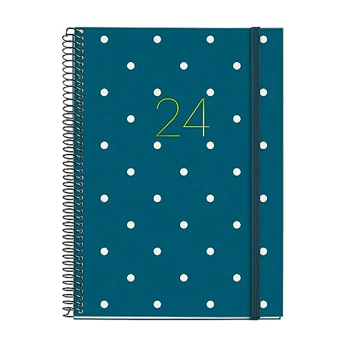 Miquelrius Årlig agenda 2024, Vecka Vista, Plus storlek 155 x 213 mm (liknande A5), Hårt lock, Spiralbindning, Gummiförslutning, Spanska, Engelska och Portugisiska, Polka med guldstämpling 8422593341506