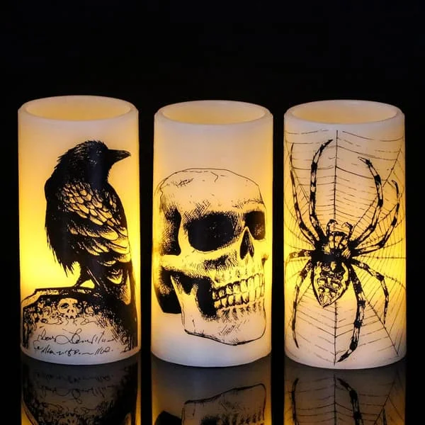 1 set Halloween Flamlösa Blockljus med 6H Timer, Batteridrivna LED-ljus av Äkta Vax med Kråka, Spindelväv, Dödskalle V-HXR02384