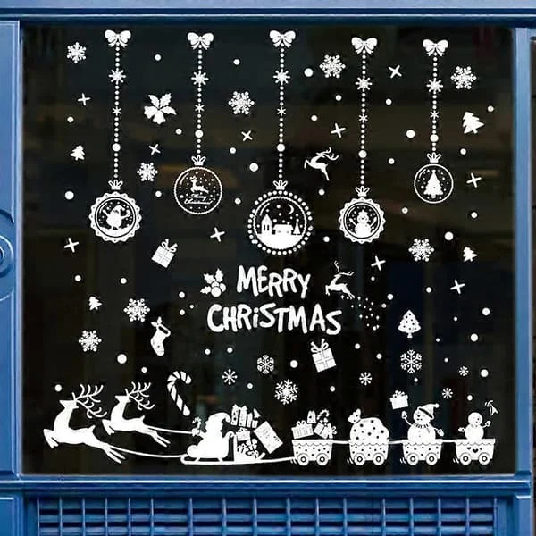 1 Set Fönsterdekaler Jul Fönsterdekoration Jul Fönsterdekaler med Snögubbe Renar Snöflingor Tall (Julkulor + Släde) ZYTU-083062