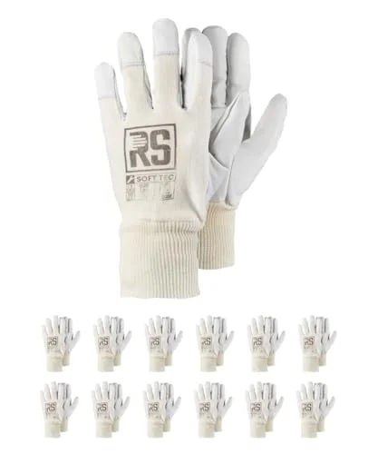 RS Soft TEC 8 monteringshandskar förstärkt getläder/storlek 8, 12 par/vit/monteringshandskar/arbetshandskar läder män kvinnor robusta läderhandskar skyddshandskar 5904094702794