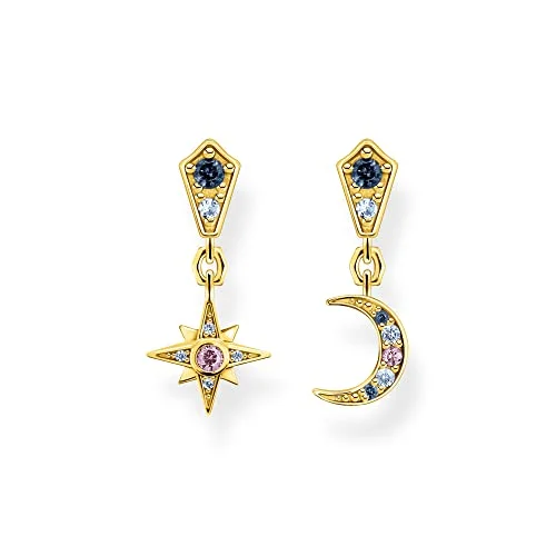 THOMAS Sabo Ohrringe Royalty Stern und Mond mit Steinen aus 925 Sterlingsilber 750er Gelbgold Vergoldung, Maße: ca. 2cm x 0,9cm, H2207 959 7 4051245509939