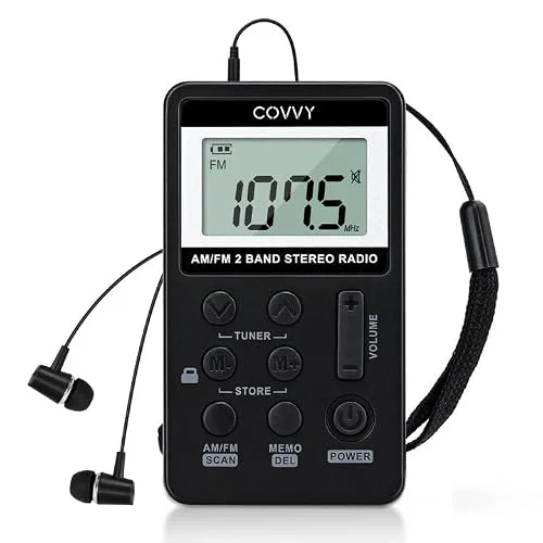 AM FM Pocket Radio Covvy Portable Digital Tuning AM/FM Mini Stereo Player med uppladdningsbart batteri och hörlurar för utomhuspromenad (svart) 6921279277167