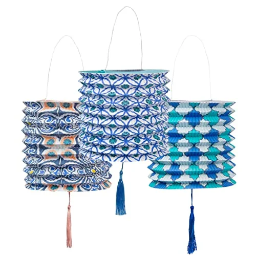 Marockanska geometriska blå papperslyktor dekorationer för födelsedagsfest, trädgård, sommar, babyshower 3 pack, tillverkad av talande bord 5052715143546