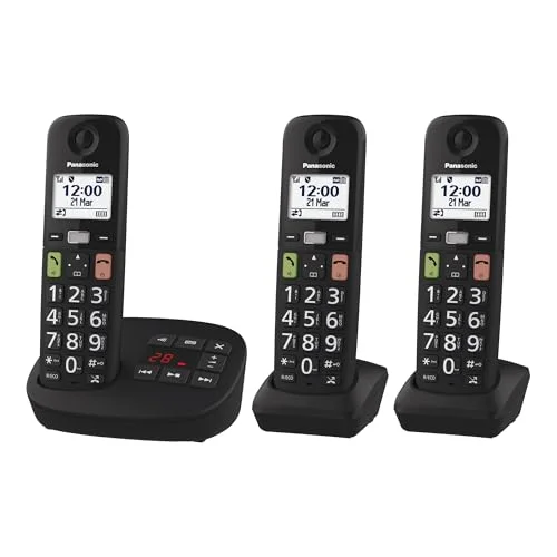 Panasonic KX TGU133EXB trådlös digital telefon med telefonsvarare, basenhet och 3 telefoner, LCD skärm, stora nycklar, favoritsamtal, kompatibel hörapparater, svart 5025232964246