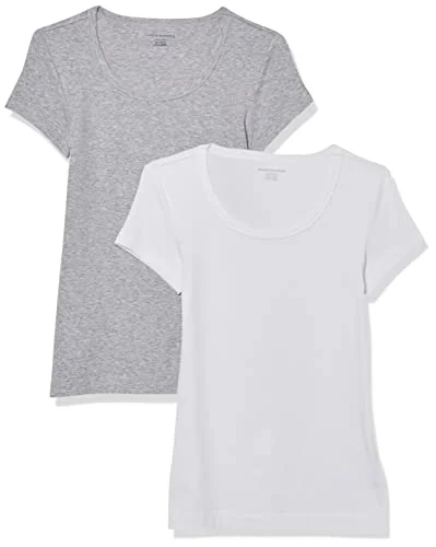 Amazon Essentials Women's T shirt med smal passform holkärm och rund hals, Pack of 2, Ljusgrå ljung/Vit, L 196433135157
