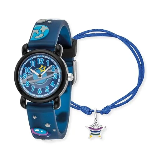 Hjärtängel barnklockset med astronautmotiv analog klocka, robust plasthölje, mjukt band, 27 mm, 3 atm matchande nylonarmband och pennfodral, S, Plast Rostfritt stål Emalj, 4260756382270