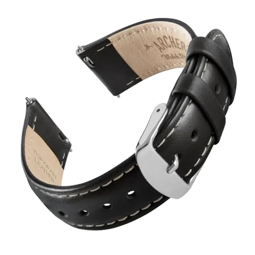 Archer Watch Straps Premium Läder Klockarmband med Snabbfäste (Svart/Naturvit Tråd, 22mm) 810054476597