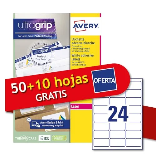 Avery Italia L7159 60P självhäftande etiketter i vitpapper, 50 + 10 extra ark, rektangulära ark 63,5 x 33,9 mm, 24 etiketter/ark, permanent lim, laserskrivare 8007827215572