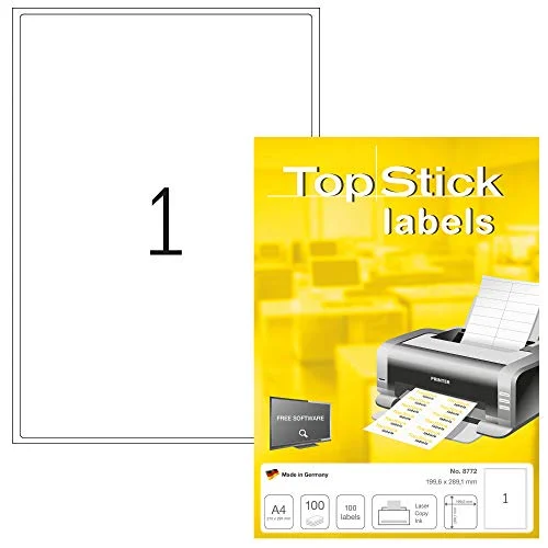TopStick 8772 universella etiketter A4 (199,6 x 289,1 mm, 100 ark, papper, matt) självhäftande, utskrivbara, permanenta adressetiketter, fraktetiketter, vit 4023145087725