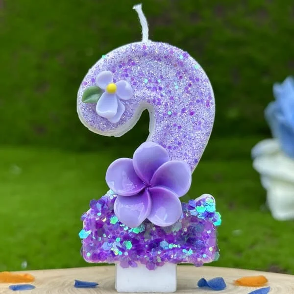 1-årsljus, lila glitter nummer 1-ljus med blommor, första födelsedagstårta för flickor, prinsesstema festdekorationer Number 2 DSLH0320025-2 1-årsljus, lila glitter nummer 1-ljus med blommor, första födelsedagstårta för flickor, prinsesstema festdekorationer Number 2 DSLH0320025-2