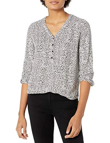 Amazon Essentials Women's Popover skjorta med knapp och trekvartsärmar, Svart Vit Djurtryck, S 194223974542
