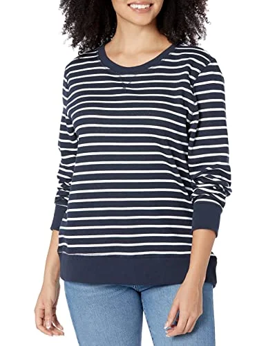 Amazon Essentials dam fransk frotté fleece rund hals sweatshirt (finns i plusstorlek), marinblå vit rand, medium 193548256197