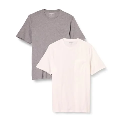Amazon Essentials herr normal passform kortärmad rund hals ficka t shirt, paket med 2, grå ljung/vit, X Large 196433601003