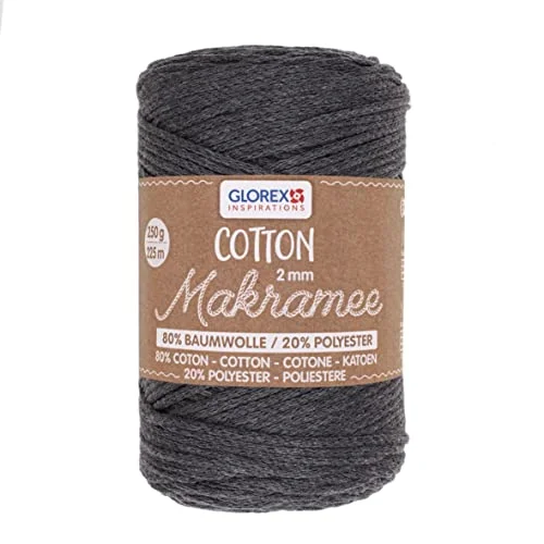 GLOREX 5 1008 04 Makramébomull, 250 g, 2 mm, längd 225 m, antracit, trippelvridet bomullsgarn, 100% bomull, för virkning, stickning, knytning och formgivning 7610877581880