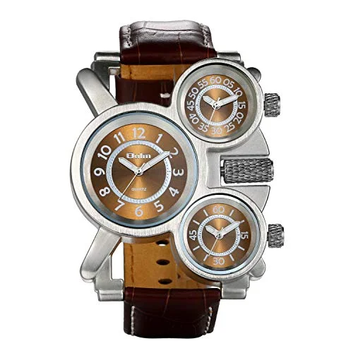 Avaner Män stort ansikte militär armbandsur analog kvarts unik cool sportklocka PU läderrem två tidszoner display med dekorativ kompass termometer urtavla, Brun 3 subdials, Kvartsurverk 6954847795121