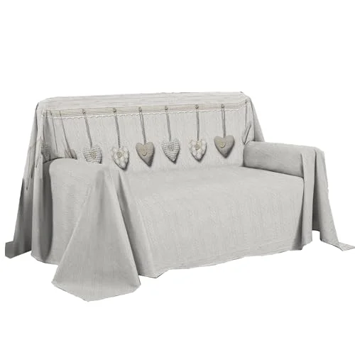 PENSIERI DELICATI Sofföverdrag 250 x 290 cm Tillverkad i Italien, 100% ren bomull, hängande hjärta beige, perfekt som en möbelhandduk, tvättlapp eller sommaröverkast (2 rutor) 8050391711049