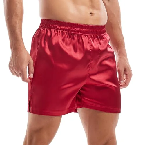 Amy Coulee satin, sovshorts, män, nattkläder, boxershorts, röd, L 732367884176