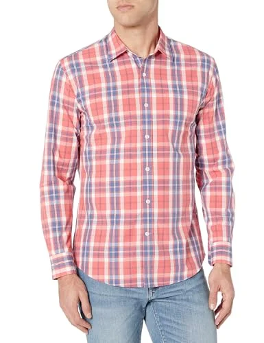 Amazon Essentials Men's Långärmad ledig poplinskjorta med normal passform, Tvättad röd Fönsterruta, M 194223526970