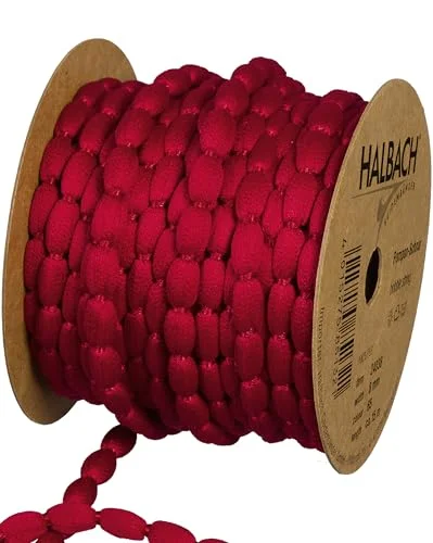Halbach Sidenband pompom kant bredd 8 mm längd 15 m Band med tofsar som pom ponsgirlang, bröllopsdekoration, trädgårdsfestdekoration färg: vinröd 4015275851321