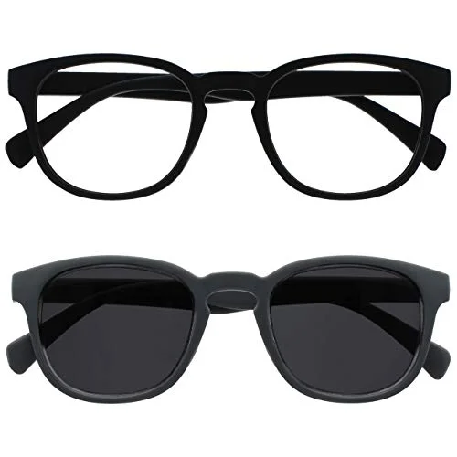 Opulize Pop Twin Pack läsglasögon solläsare retro rund svart grå herr dam vårgångjärn RS2 17 +3,00 5055955358510