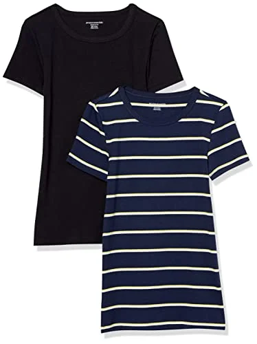 Amazon Essentials Women's Kortärmad T shirt med rund hals smal passform, Pack of 2, Marinblå Horisontell rand/Svart, XXL 196433207199