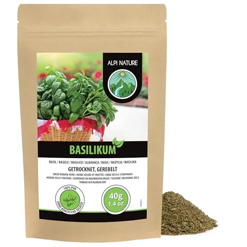 Alpi Nature Torkad basilika (40g), gnuggad, försiktigt torkad, 100% ren och naturlig för att tillaga kryddblandningar 4262359965904