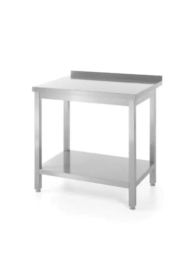 HENDI Arbetsbord, väggarbetsbord, arbetsplatta, med kantning och hylla, för självmontering, justerbara fötter, restaurang, bar, kök, kant: 40 mm, 800 x 600 (H) 850 rostfritt stål 8711369811450