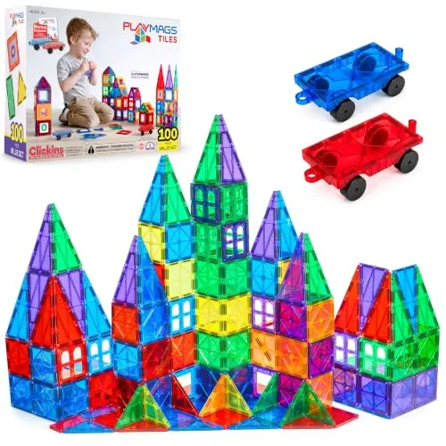 Playmags 100 Delar 3D Magnetiska Byggstenar Set Lär Dig Former, Färger Och Alfabet STEM Stark Magnetleksaker Block För Barn Färgglada Hållbara Plattor Idébok 794397302525