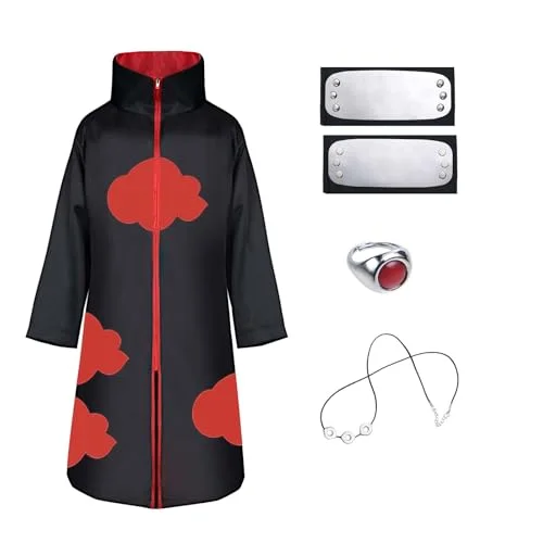 ACWOO Akatsuki Kids Cape Adult Unisex Cosplay Anime Costume Itachi Cloak Halloween Christmas Party with Headband and Ring (S) 4502155256821