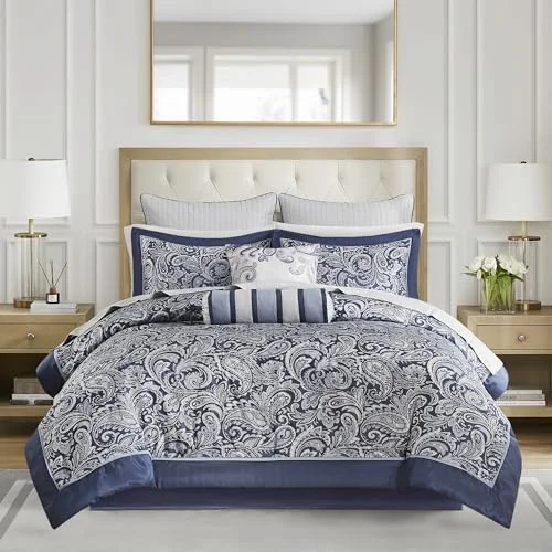 Madison Park Alternativa sängkläder för alla årstider med komplett lakanset polyester, marinblå, kung (106 x 92 tum) 675716979997