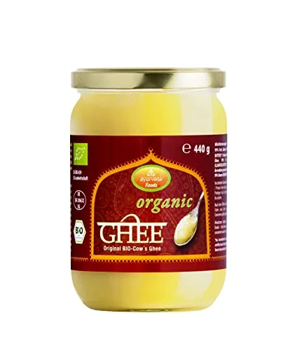 Ayurveda Foods ekologisk premium ghee 440 g, mycket lång hållbarhet, tätning, stekt matlagningsfett 4260280120409