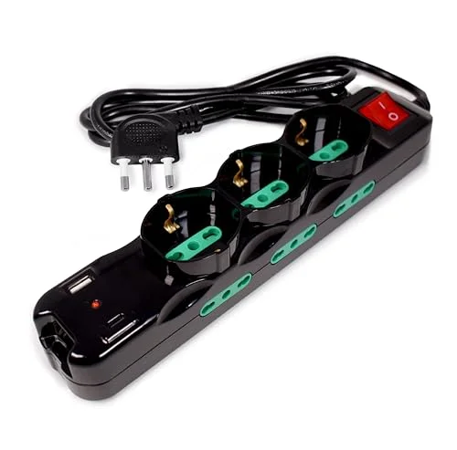 Tecnoware Power Systems Multipresa Cleaner 9, 3 uttag Italien/Schuko, 6 Italien 10/16A, 1 USB A port, C Quick Charger 3.0, belyst strömbrytare, svart 8026475179715