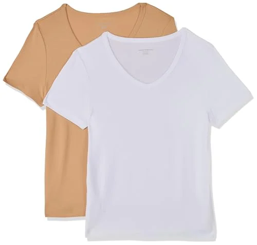 Amazon Essentials Women's Kortärmad V ringad T shirt smal passform, Pack of 2, Ljust kamelbrun/Vit, S 196433087067