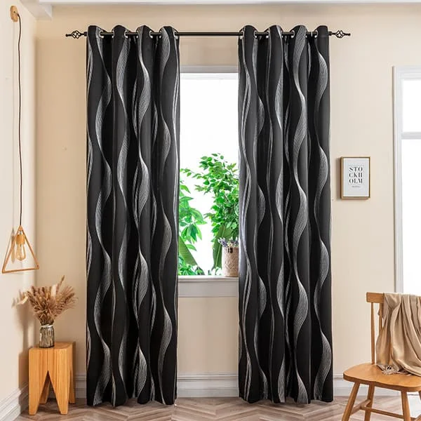1 pc Blackout Curtains, Wavy Stripes Aluminum Foil Printed Eyelet Curtains, Black XJFD-26021-1 1 pc Blackout Curtains, Wavy Stripes Aluminum Foil Printed Eyelet Curtains, Black XJFD-26021-1