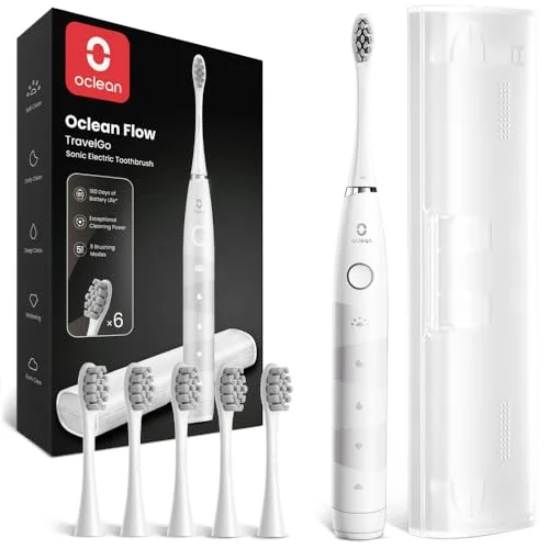 Oclean elektrisk tandborste TravelGo FlowSet, 180 dagars batteritid Sonic med resväska, 5 lägen 6 DuPont borsthuvuden, Vit 6970810556155