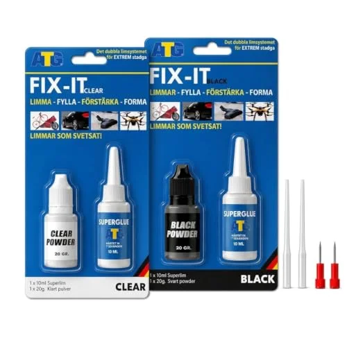 ATG Fix It superlim extra stark 2 x kraftlim med svart och transparent granulat 10 stycken lim för plast (plast), glas, porslin, metall trä 4030462009736
