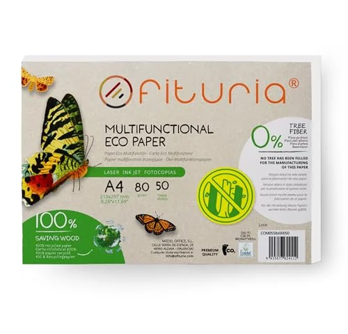 80 g återvunnet A4 papper, 50 ark 100% tillverkat av papperspaket, DIN i naturlig färg, lämplig för laser och bläckstråleskrivare, Ofituria (50 ark) 8435677624112