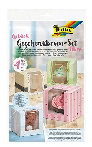 folia 48403 bakverk presentask set mini 4 lådor, 10 x cm sorterade, livsmedelssäkra papperslådor, med fönster och inlägg, perfekt för att ge bort muffins cupcakes 4001868091823